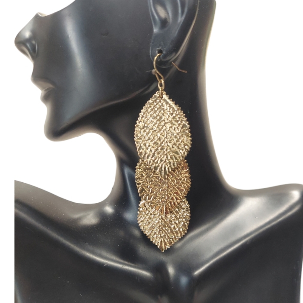 E519 Textured Goldtone Dangle Leaf Earrings 7$